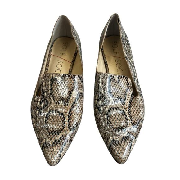 Sole Society Snakeskin Flats Womens 5.5 Tan Leather Pointed Toe Slip On - Picture 1 of 7